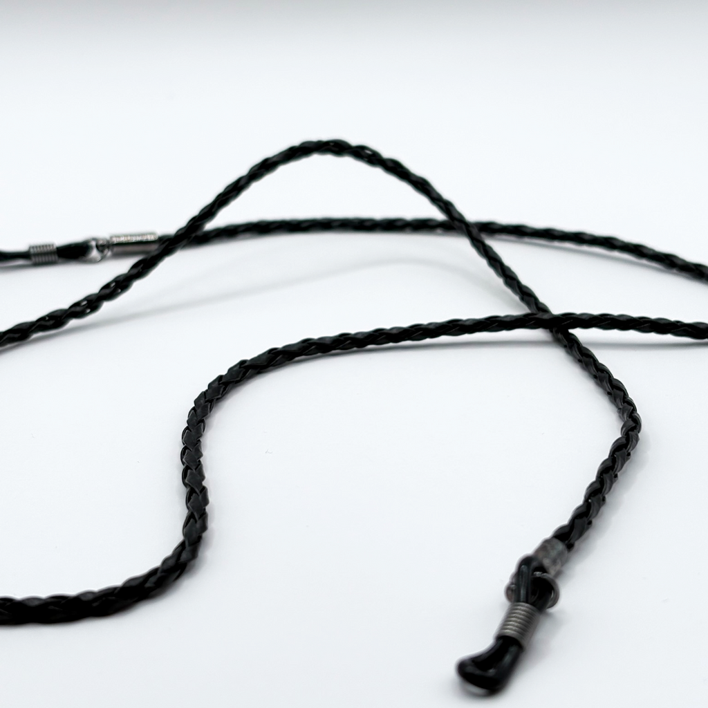 Black braided lanyard on a white background