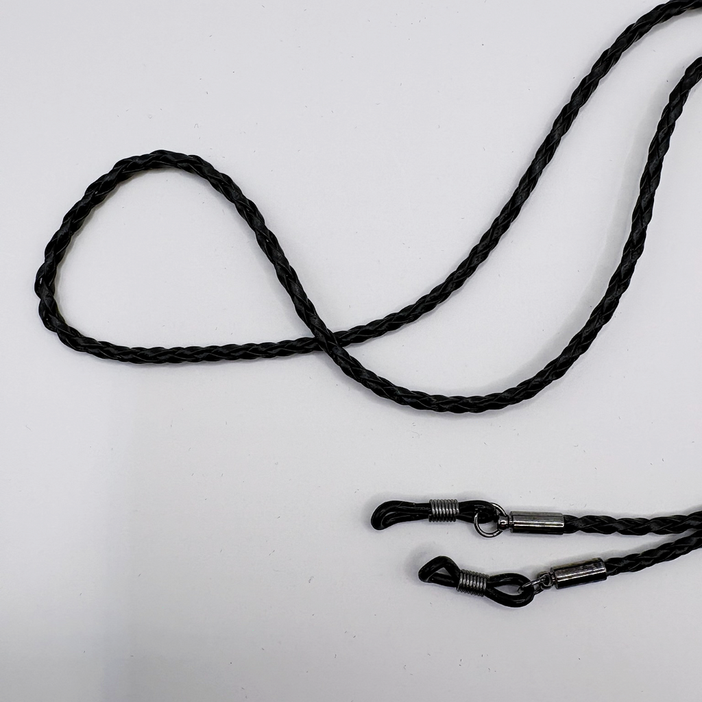 Black braided lanyard with metal clasps on a white background