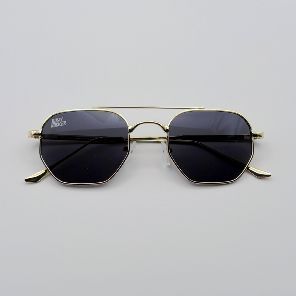 Close-up of black unisex vintage inspired sunglasses from independent rock ’n’ roll–inspired eyewear brand Dirty Rocker 