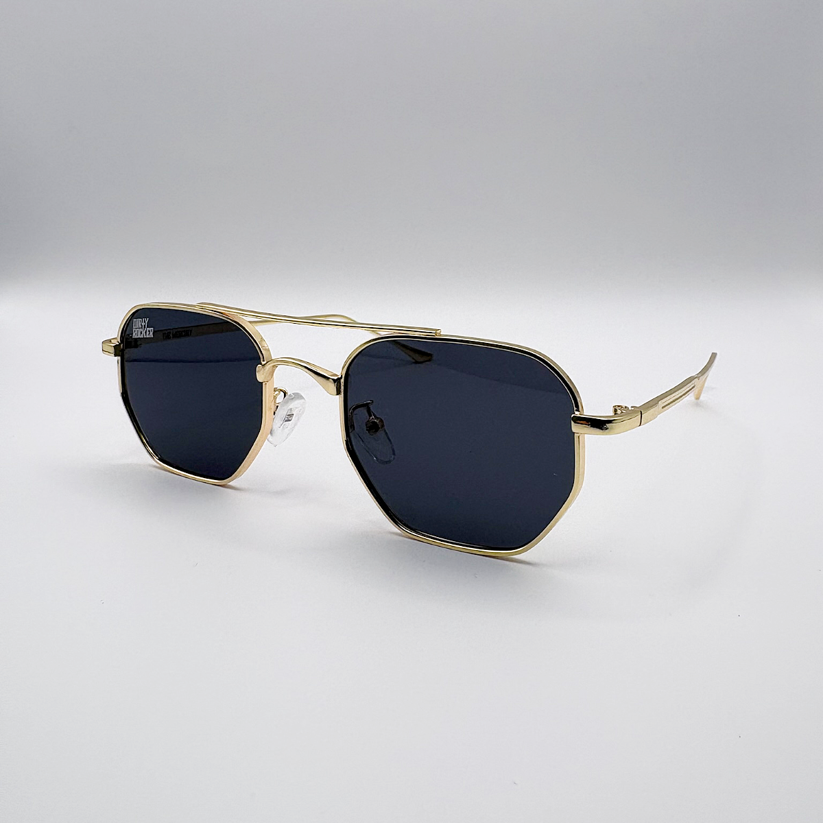 Close-up side view of black unisex vintage inspired sunglasses from independent rock ’n’ roll–inspired eyewear brand Dirty Rocker 