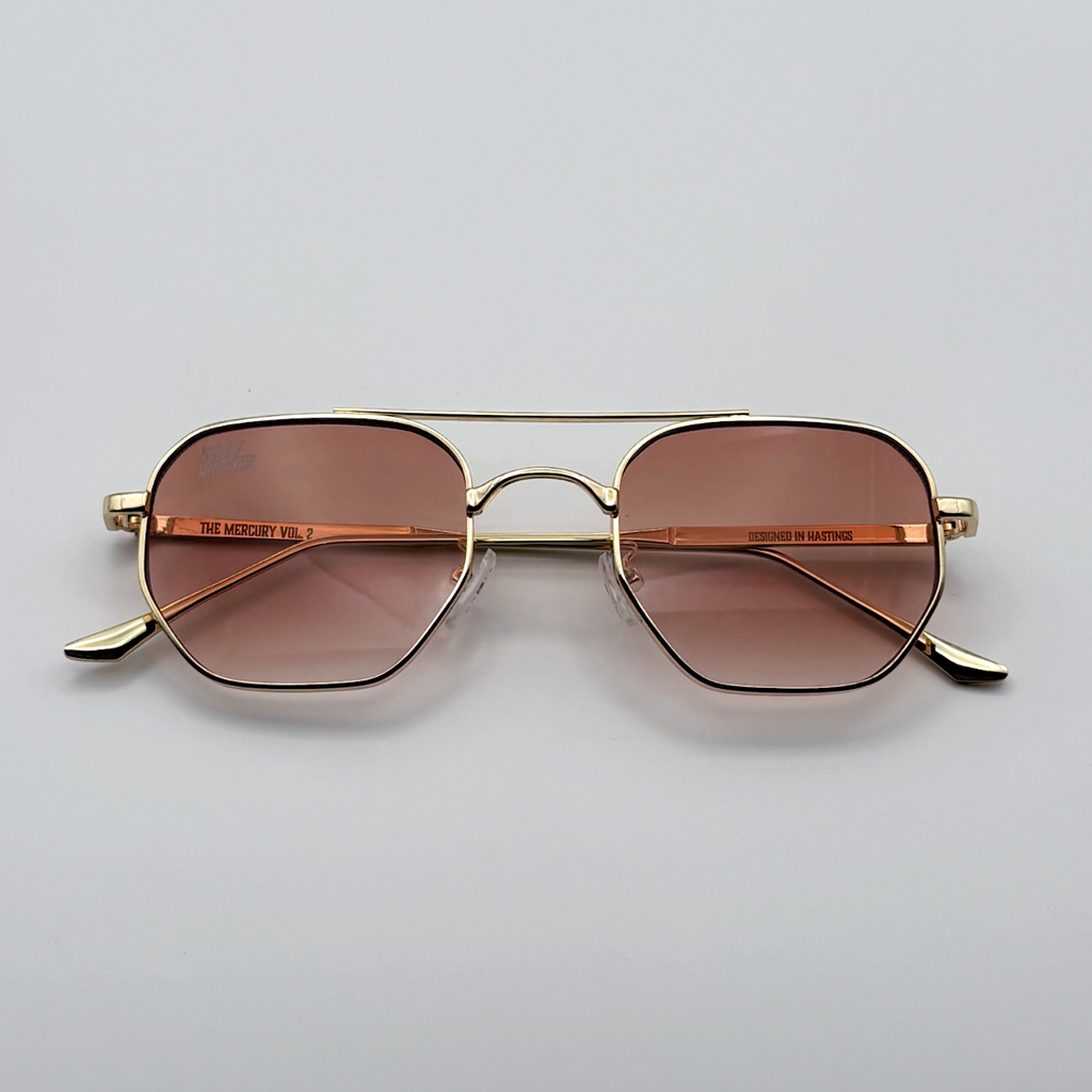 Close-up of tea tinted unisex vintage inspired sunglasses from independent rock ’n’ roll–inspired eyewear brand Dirty Rocker 