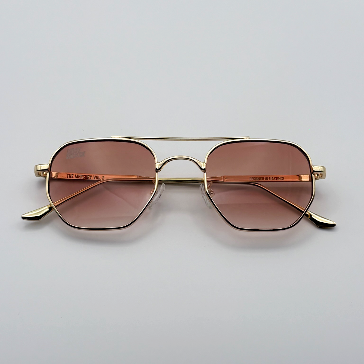 Close-up of tea tinted unisex vintage inspired sunglasses from independent rock ’n’ roll–inspired eyewear brand Dirty Rocker 
