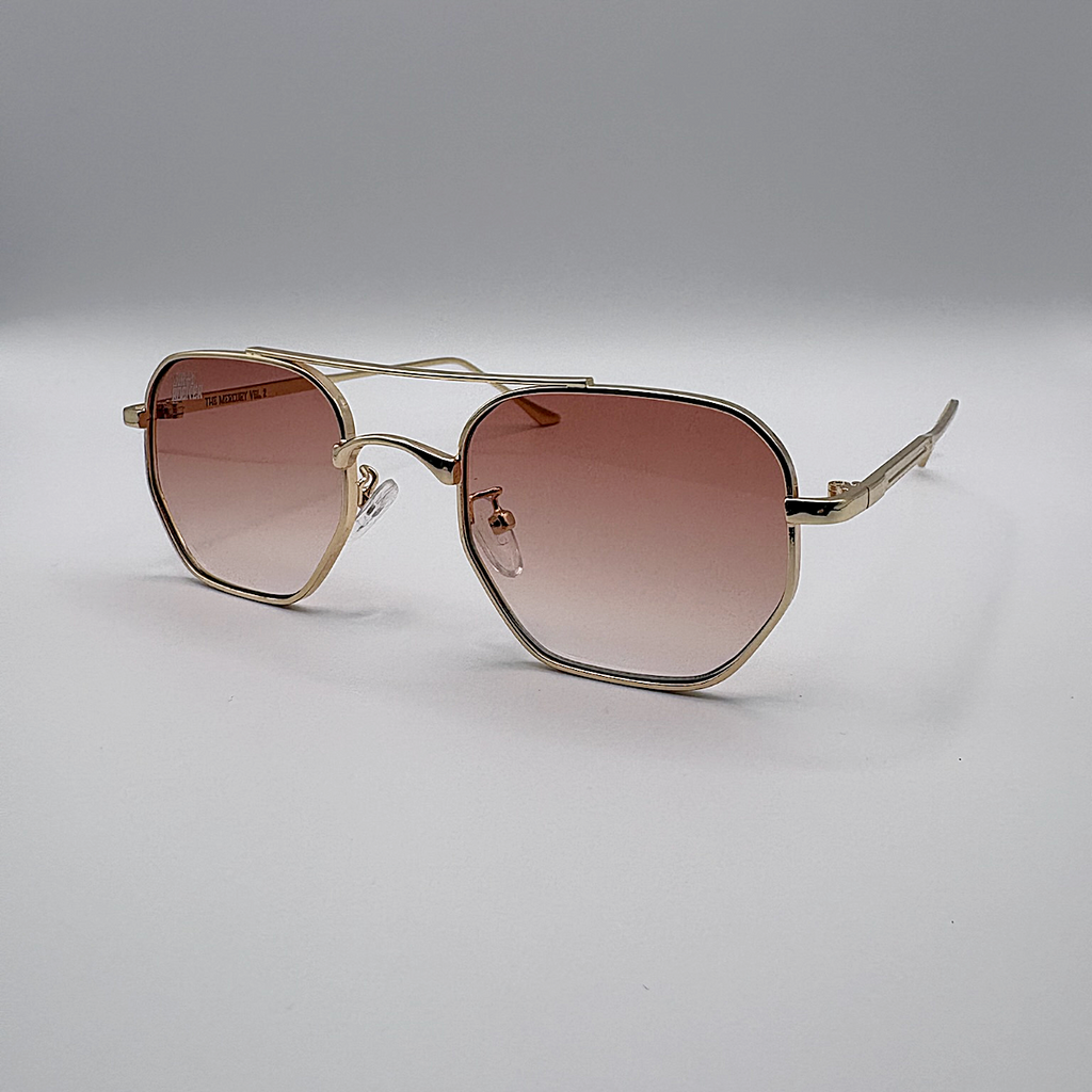 Close-up of tea tinted unisex vintage inspired sunglasses from independent rock ’n’ roll–inspired eyewear brand Dirty Rocker 