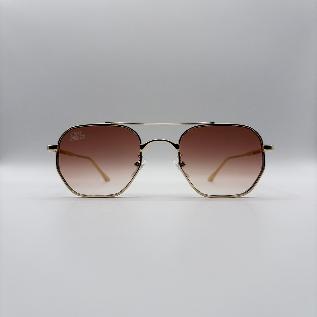 Close-up of tea tinted unisex vintage inspired sunglasses from independent rock ’n’ roll–inspired eyewear brand Dirty Rocker 