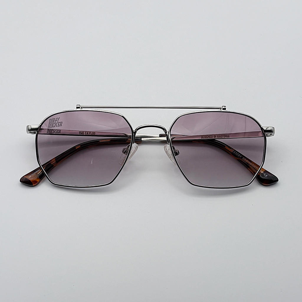 Close-up of purple gradient unisex vintage inspired tinted sunglasses from independent rock ’n’ roll–inspired eyewear brand Dirty Rocker 