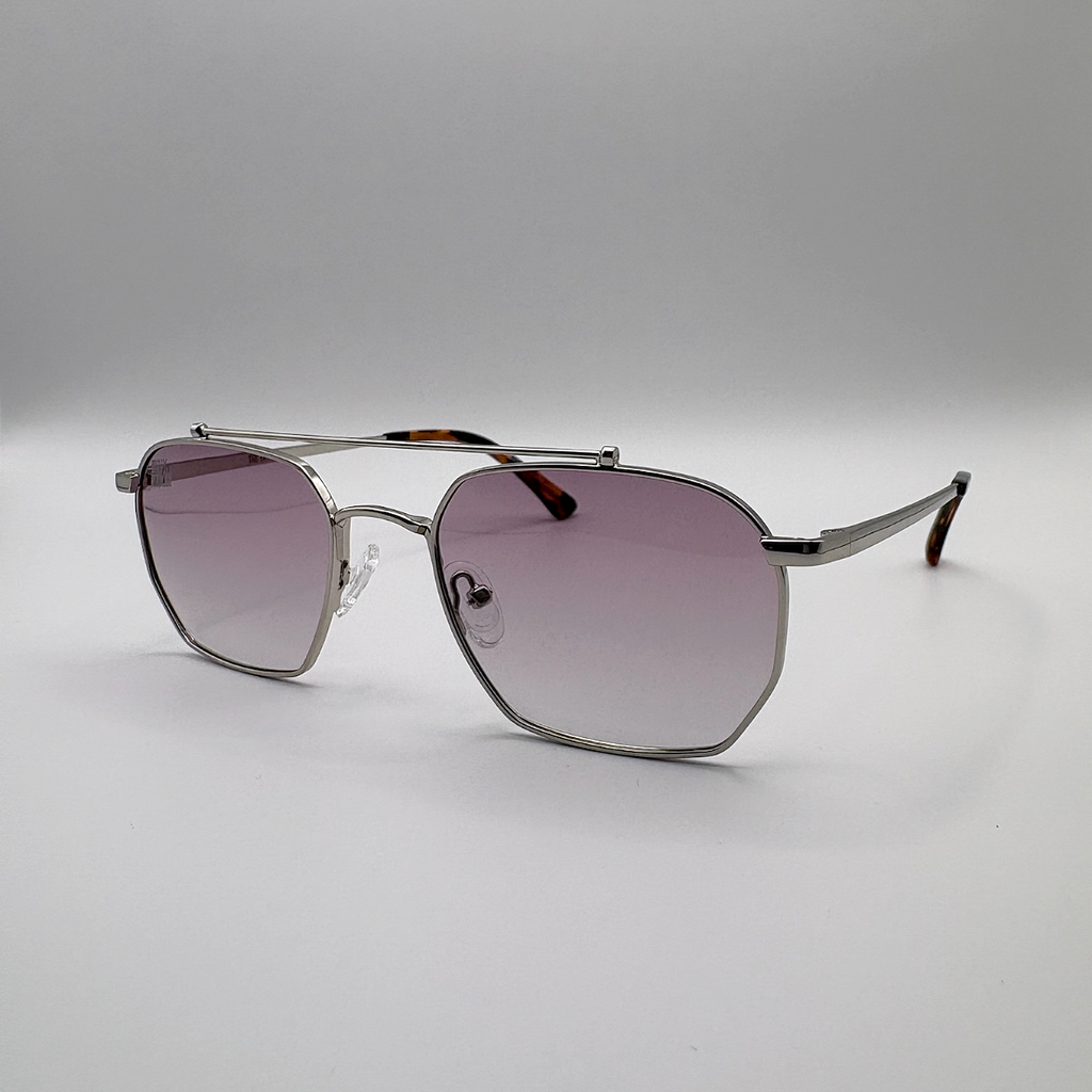 Close-up of purple gradient unisex vintage inspired tinted sunglasses from independent rock ’n’ roll–inspired eyewear brand Dirty Rocker 
